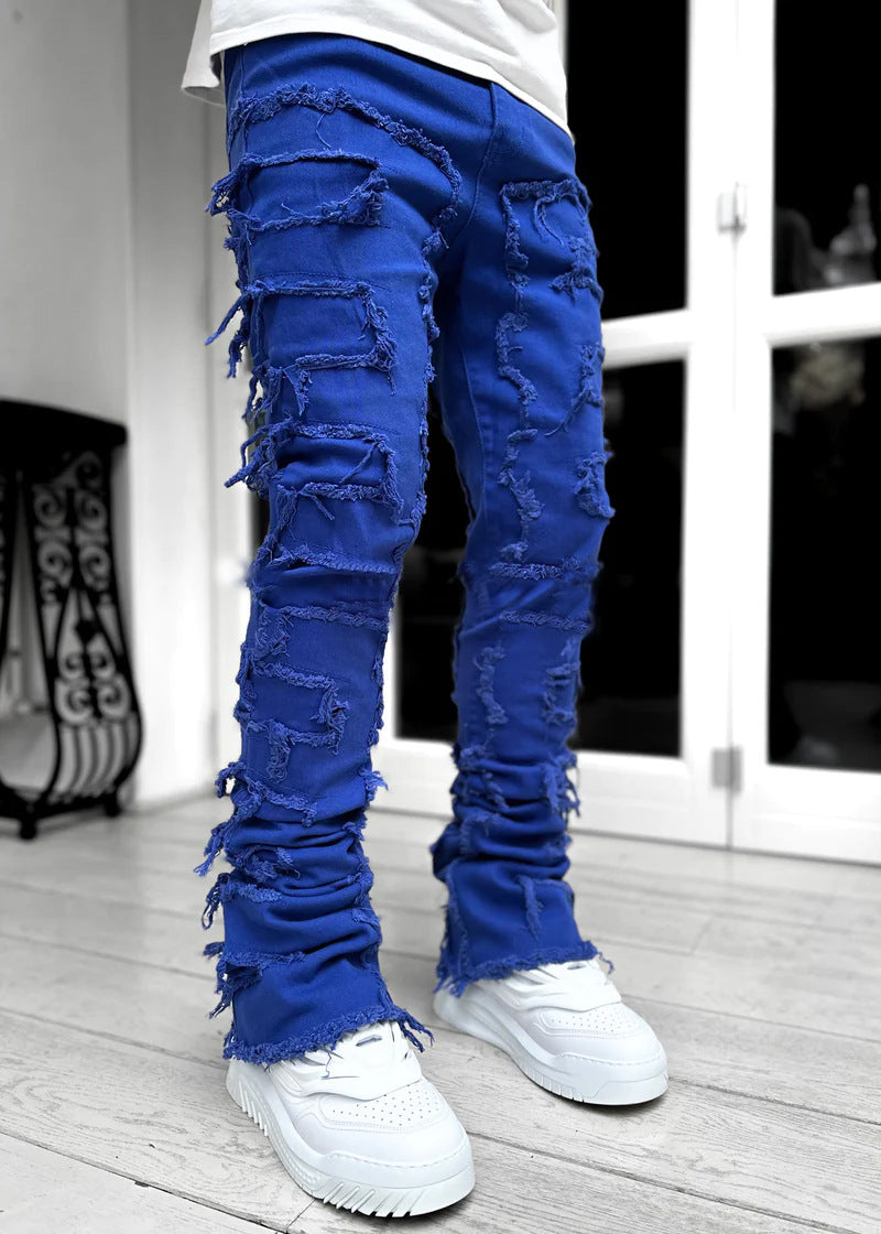 Men's Fringe Ripped Stacked Jeans | Patched Tight Fit Long Denim Pants Blue 4 02ef6cb0-a059-4b68-8866-4a743b86f0e0 FIOLKA BOUTIQUE
