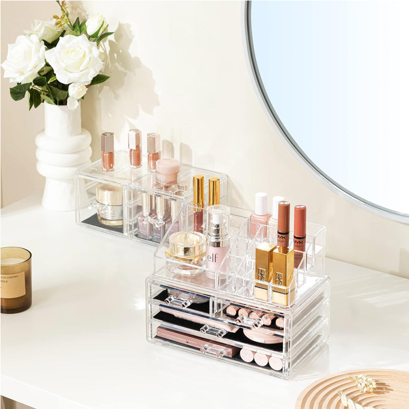 Clear Acrylic Clear Dustproof Makeup Storage, Organizer Drawers Large Skin Care Cosmetic Display Cases For Bathroom Stackable Storage Box With 4 Drawers For Vanity
