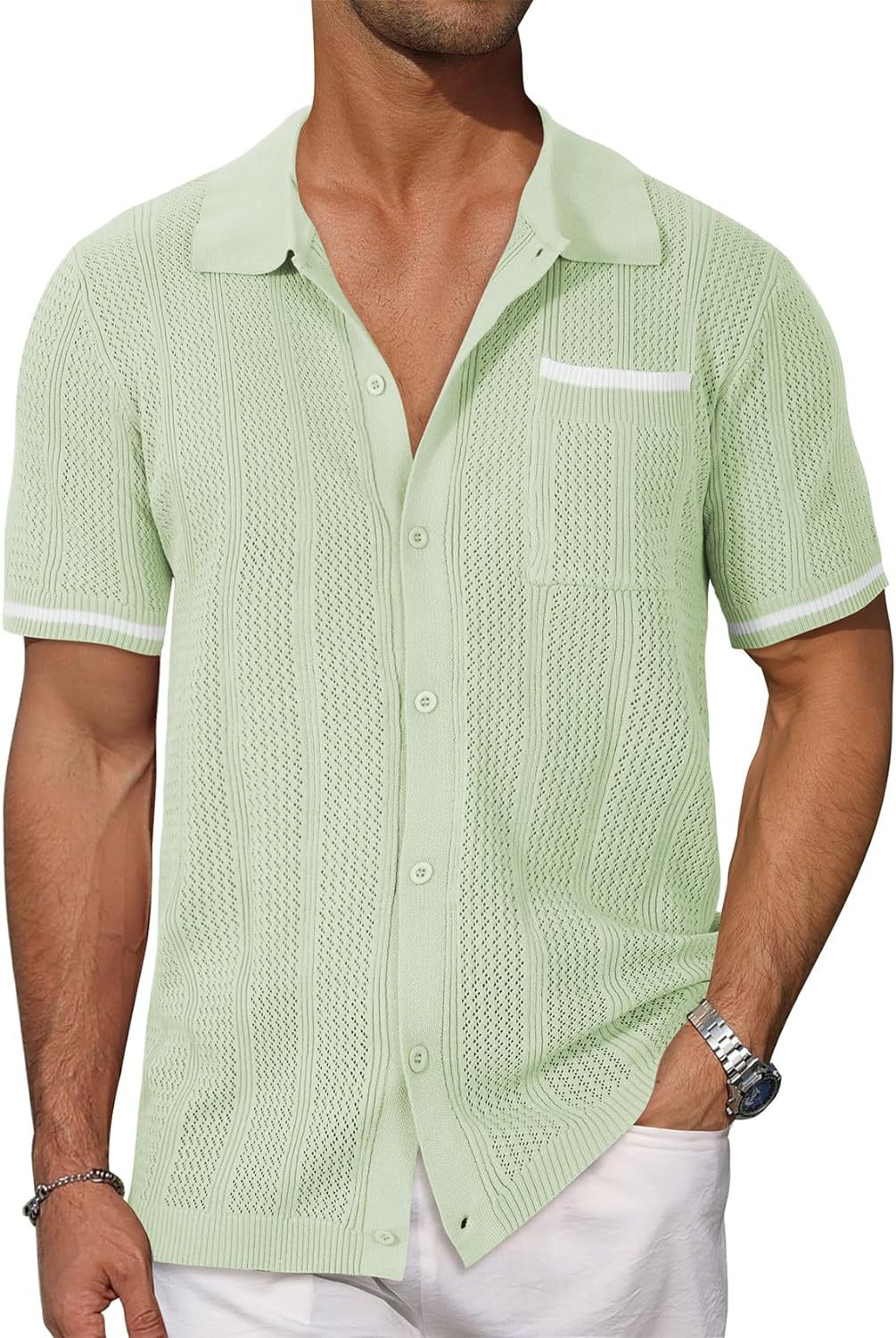 Men's Short Sleeve Hollow Breathable Shirt | Cool Summer Casual Cardigan Jacket Green 0 064a1659-483e-470c-af0d-22300ef162e9 FIOLKA BOUTIQUE