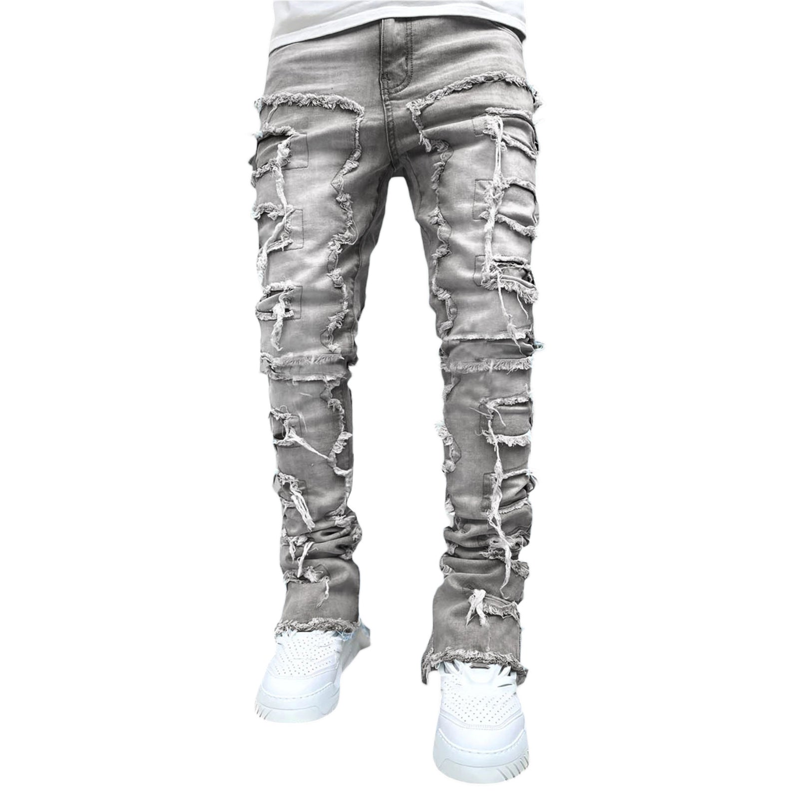 Men's Fringe Ripped Stacked Jeans | Patched Tight Fit Long Denim Pants Grey 4 0bd467b3-5cf4-48a8-985a-e54661e109eb FIOLKA BOUTIQUE