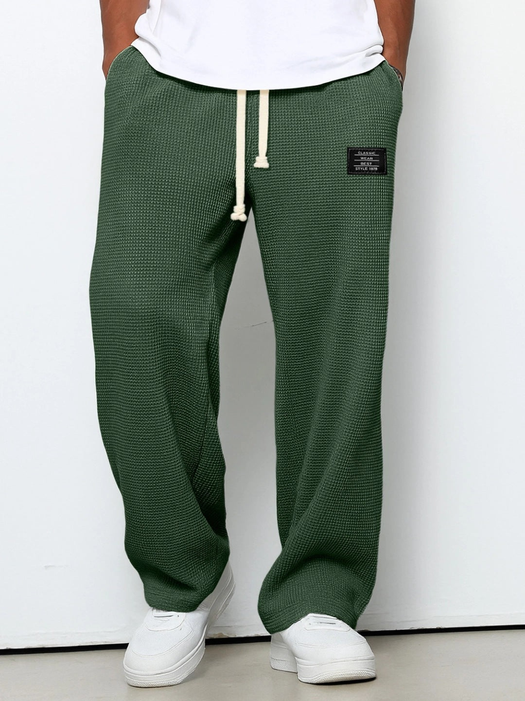 Men's Waffle Straight Leg Pants | Loose Drawstring Pocket Casual Trousers Dark Green 0 0c5c7ac2-b9ef-499a-ac80-d29eb86d62e1 FIOLKA BOUTIQUE
