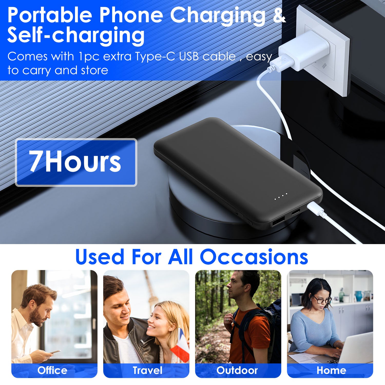 1Pc 10000mAh Power Bank Portable Phone Charger External Battery Pack With LT And Type C Double Ended Cable Type C USB Cable Fit For IOSPhone 14 Android And More