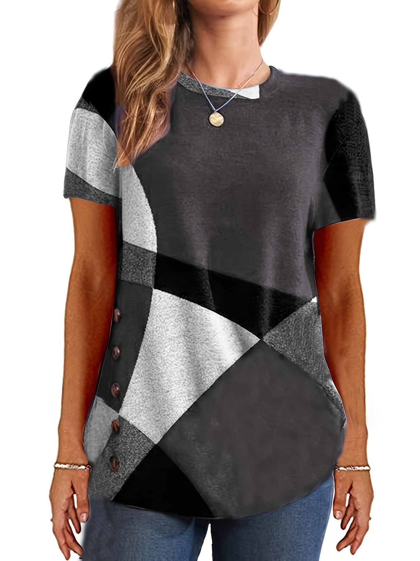 Women's Plus Size Color Block T-Shirt | Casual Short Sleeve Round Neck Stretchy Tee Gray 5 0d6f4ec8-1e08-4972-84a0-aa8e38db7da7 FIOLKA BOUTIQUE