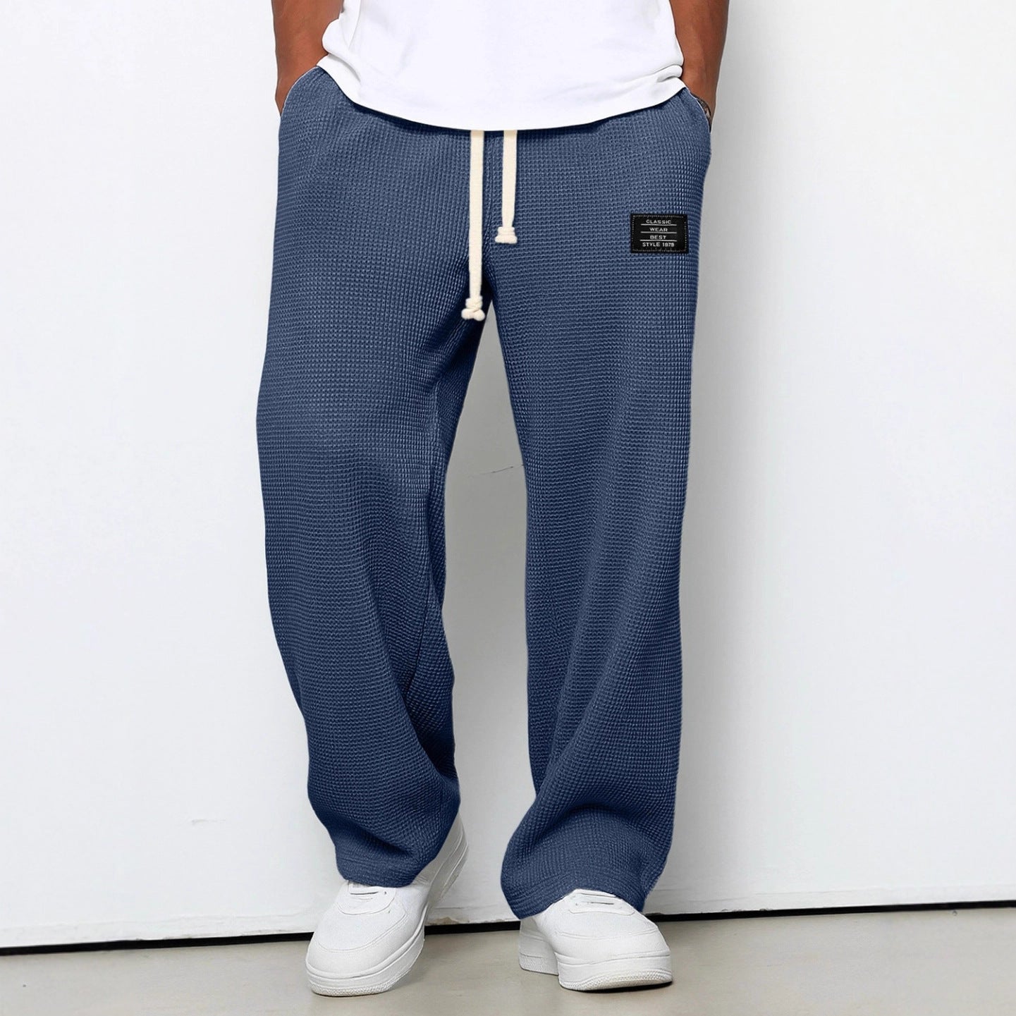 Men's Waffle Straight Leg Pants | Loose Drawstring Pocket Casual Trousers Navy Blue 0 1192a82f-364e-4de3-b8f7-071f0540af0a FIOLKA BOUTIQUE