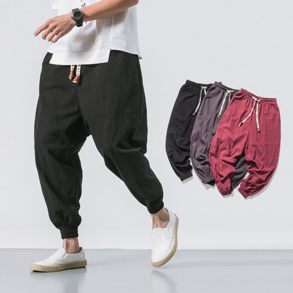 Men's Casual Japanese Loose Solid Color Cotton Linen Trousers
