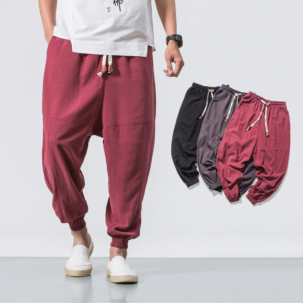 Men's Casual Japanese Loose Solid Color Cotton Linen Trousers