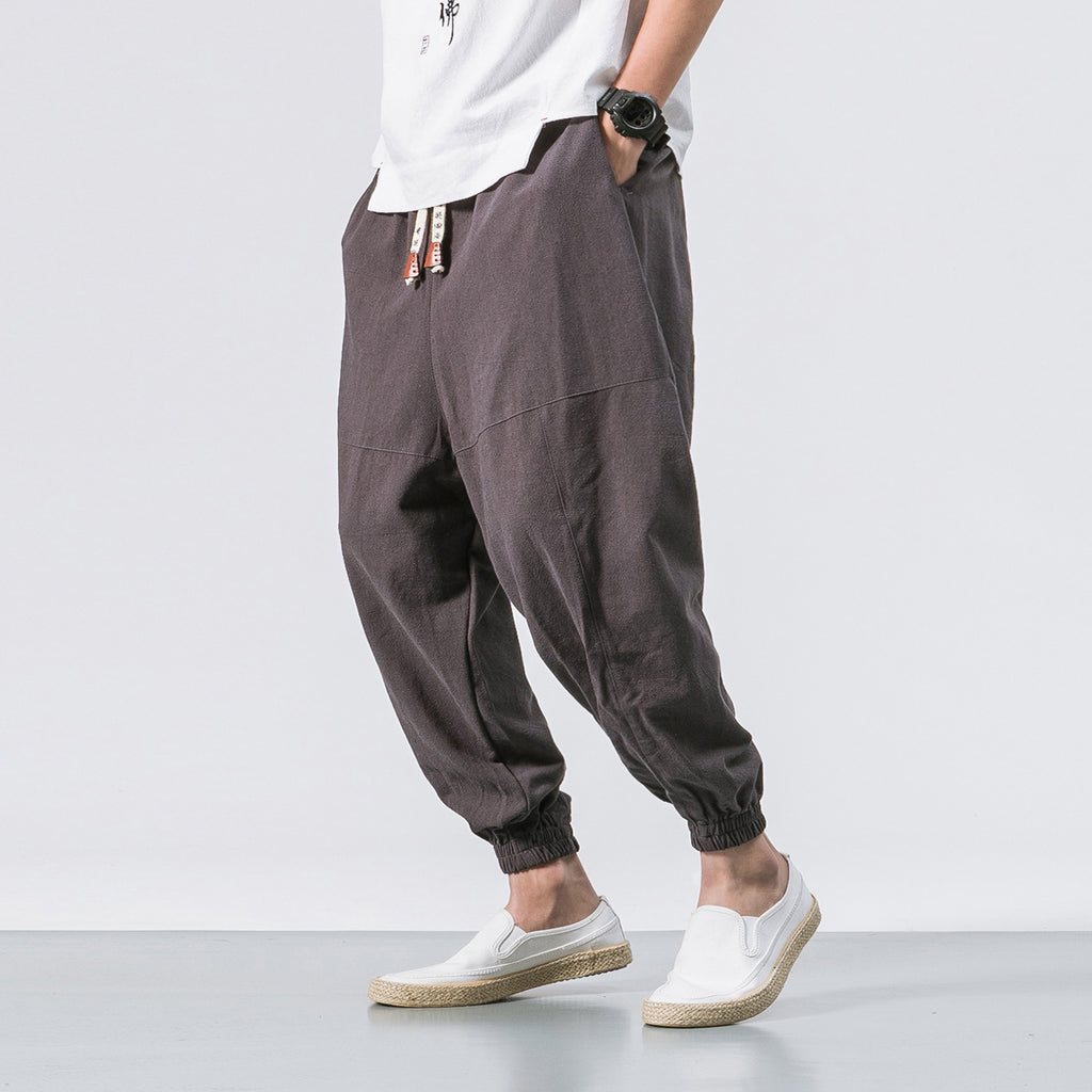 Men's Casual Japanese Loose Solid Color Cotton Linen Trousers
