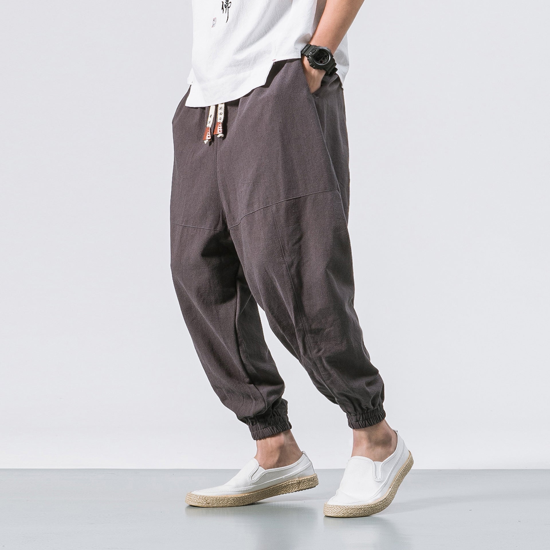 Men's Casual Japanese Loose Solid Color Cotton Linen Trousers
