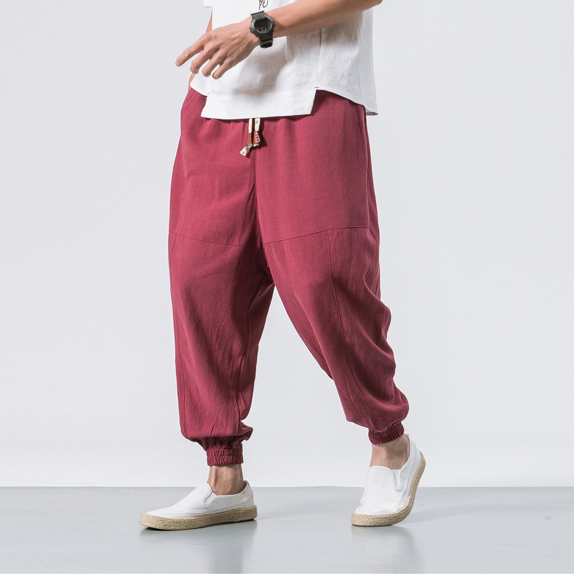 Men's Casual Japanese Loose Solid Color Cotton Linen Trousers Wine Red 0 1614836414885 FIOLKA BOUTIQUE