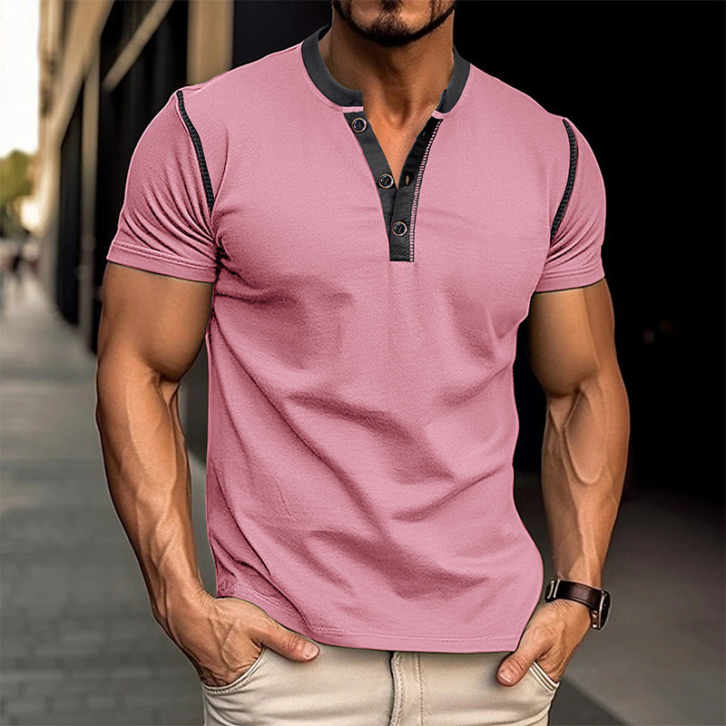 Men's Fashion Short Sleeve Polo Shirt | Summer Button V-Neck T-Shirt Top Pink M 4 1887804909827657728 FIOLKA BOUTIQUE