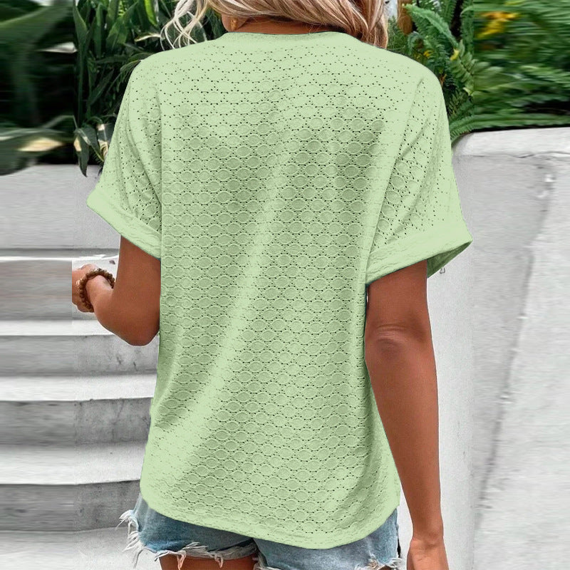Women's Casual V-Neck Blouse | Short Sleeve Loose Fit Button Front Solid Color Top
