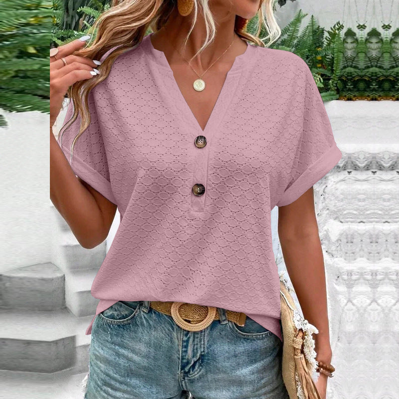 Women's Casual V-Neck Blouse | Short Sleeve Loose Fit Button Front Solid Color Top