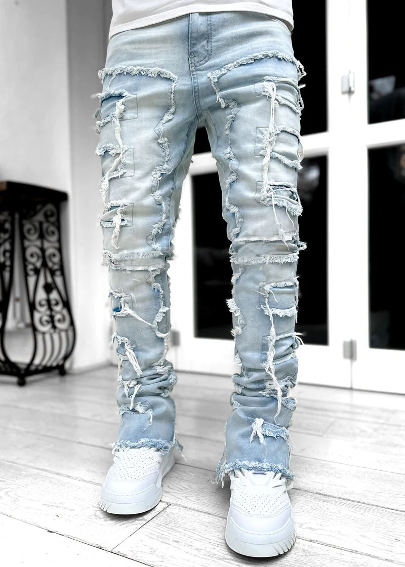 Men's Fringe Ripped Stacked Jeans | Patched Tight Fit Long Denim Pants Light Blue 4 1c097b1f-df9b-40f5-84b5-5aff9e01daa0 FIOLKA BOUTIQUE