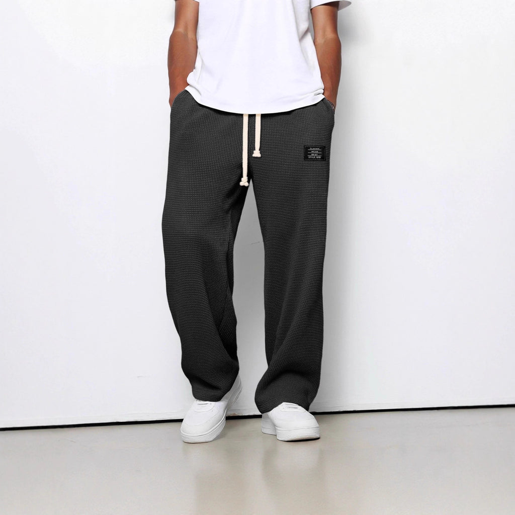 Men's Waffle Straight Leg Pants | Loose Drawstring Pocket Casual Trousers