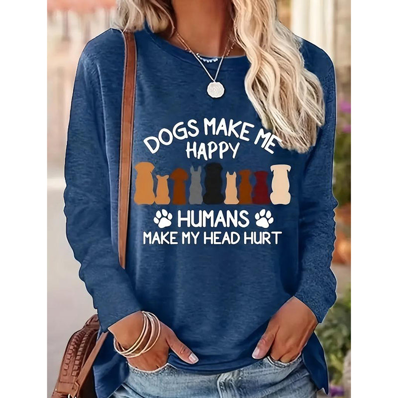Women's Dog & Letter Print Crew Neck Sweatshirt | Casual Long Sleeve Top for Spring & Fall Blue 5 1e7d54d7-9329-4736-bc6c-fbbe4cb553bf FIOLKA BOUTIQUE
