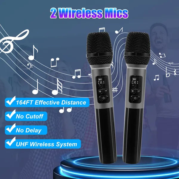 Portable Wireless Party Speaker With LED Light 2 Wireless Mics Remote Control TWS Music Accompany Mic. Priority Bass Echo Mic Treble Guitar In
