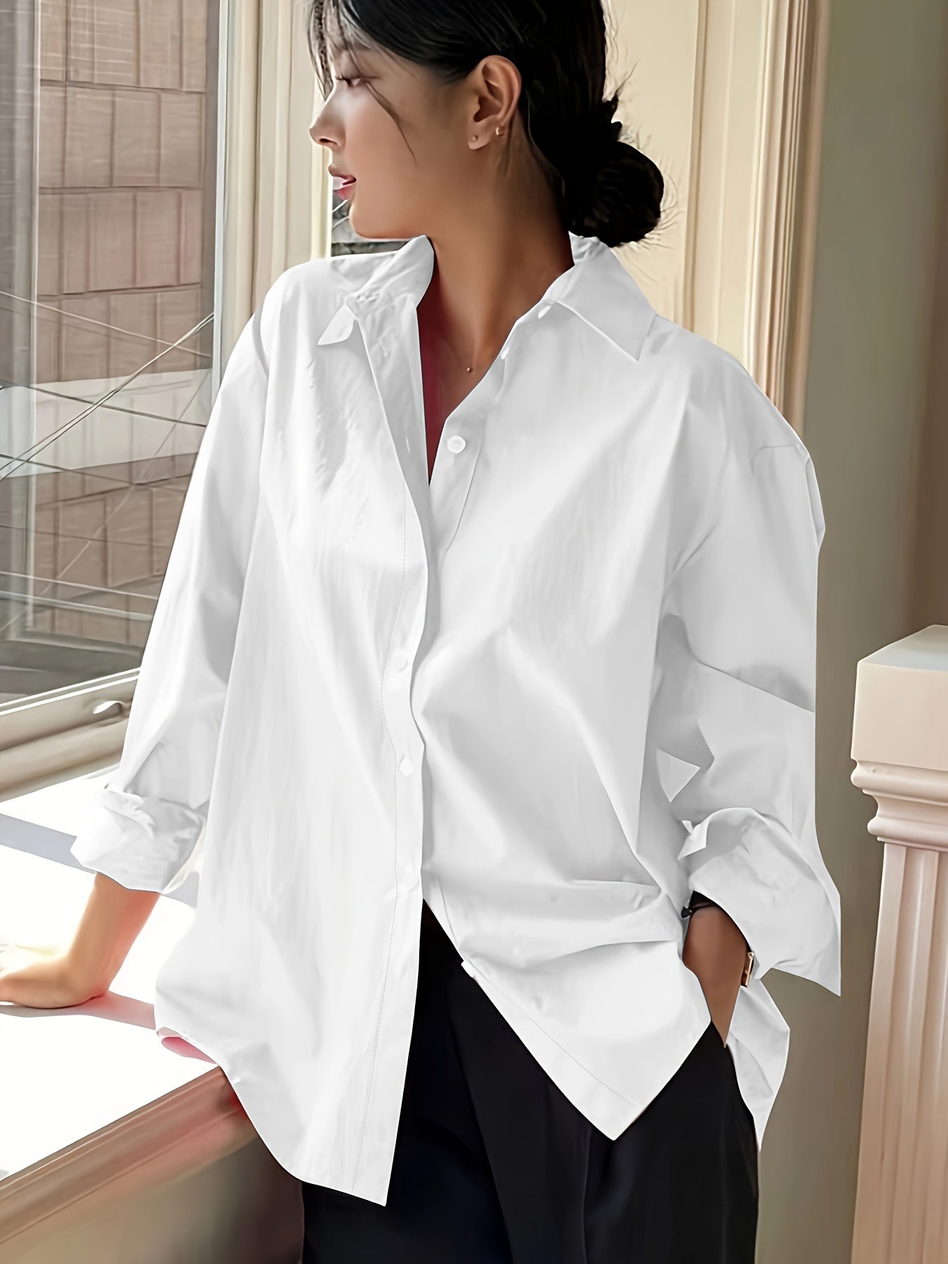 Plus Size Women's Elegant Casual Business Long Sleeve Shirt - Classic Collar Button-Up Blouse, Solid Color Non-See-Through Fabric,