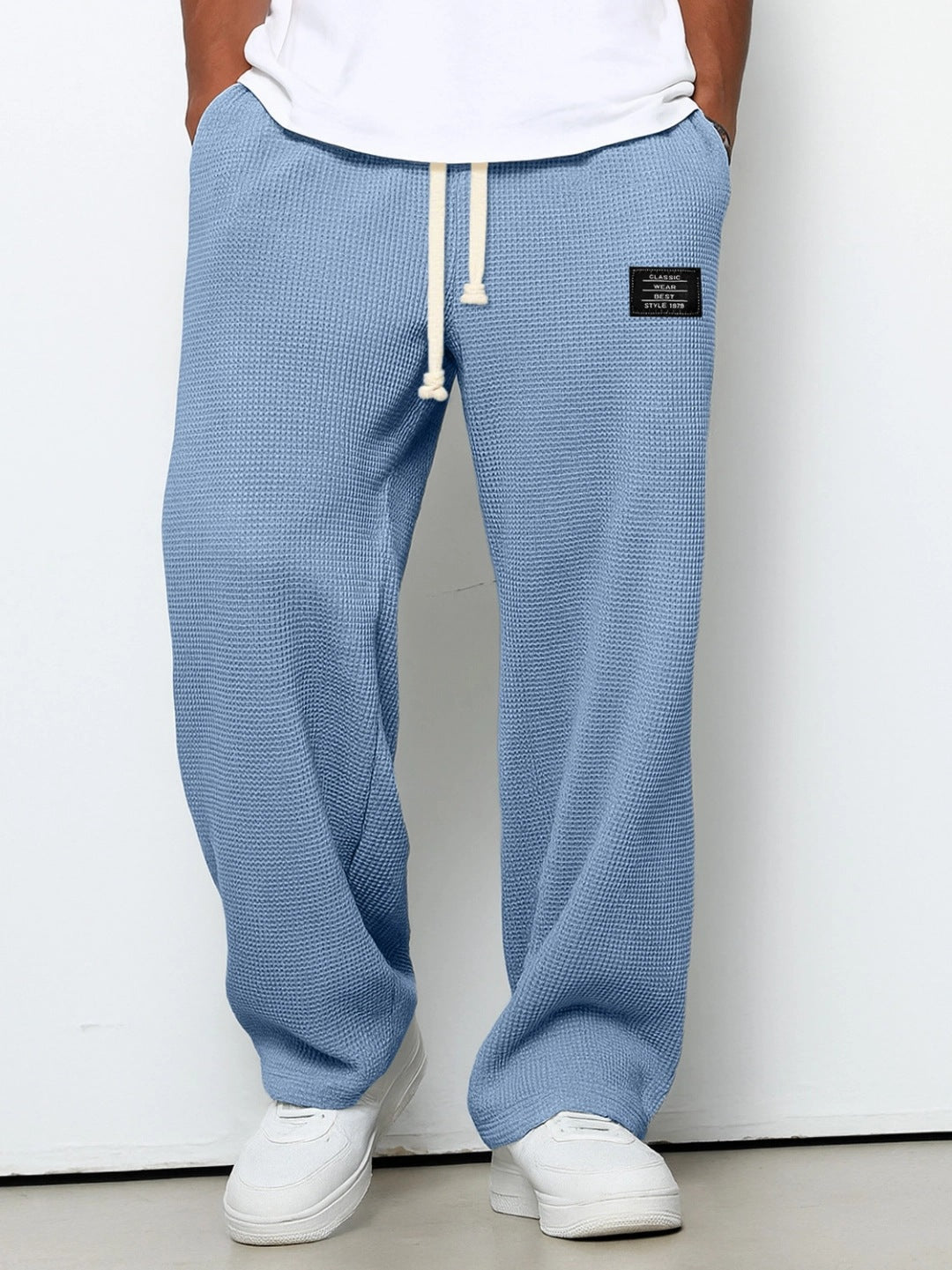 Men's Waffle Straight Leg Pants | Loose Drawstring Pocket Casual Trousers Light Blue 0 1f7fe9e3-7b01-47e9-b134-a70c1d57a3c4 FIOLKA BOUTIQUE