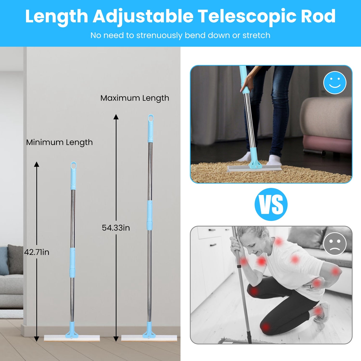 1Pc Pet Hair Removal Rake With 54.33in Adjustable Telescopic Rod Multi-Fabric Dog Cat Hair Scraper Lint Shaver For Carpet Rug Clothes Couch