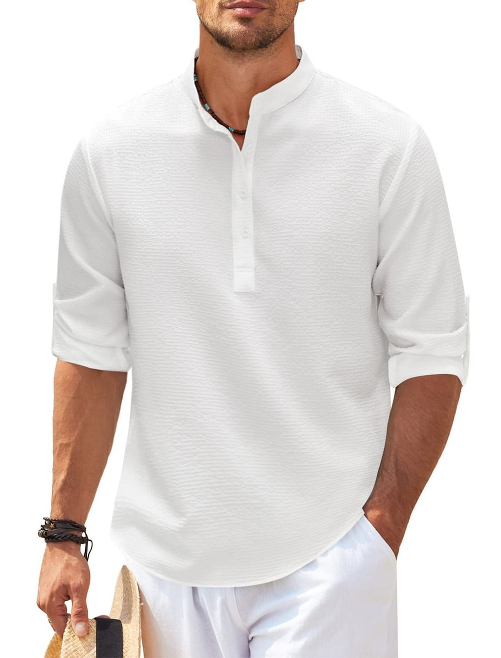 Men's Casual Long Sleeve Stand Collar Shirt | Solid Color Everyday Clothing