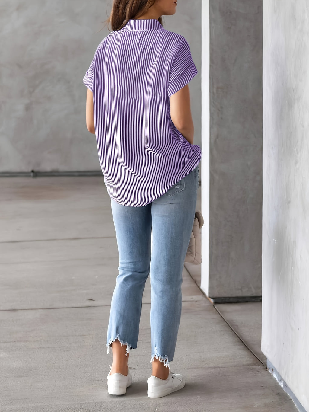 Women's Plus Size Striped Blouse | Elegant Casual Short Sleeve Button-Up Collared Shirt with Pocket