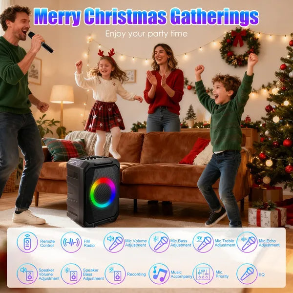 Portable Wireless Party Speaker With LED Light 2 Wireless Mics Remote Control TWS Music Accompany Mic. Priority Bass Echo Mic Treble Guitar In