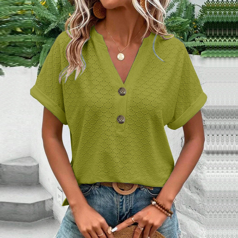 Women's Casual V-Neck Blouse | Short Sleeve Loose Fit Button Front Solid Color Top Yellow Green 5 30ca165a-43ce-4cd7-b5a1-74dd1f80766b FIOLKA BOUTIQUE