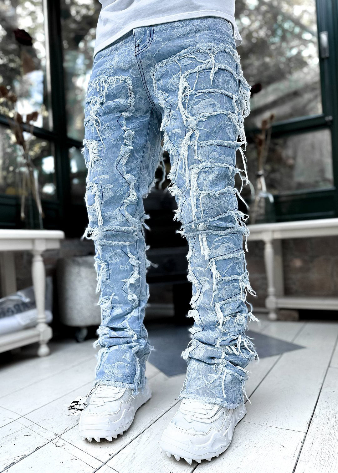 Men's Fringe Ripped Stacked Jeans | Patched Tight Fit Long Denim Pants Sky blue 4 31be710a-9adb-4625-8d3c-171c7ac38a59 FIOLKA BOUTIQUE