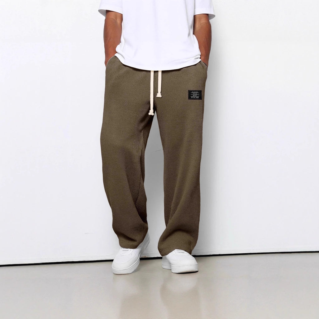 Men's Waffle Straight Leg Pants | Loose Drawstring Pocket Casual Trousers