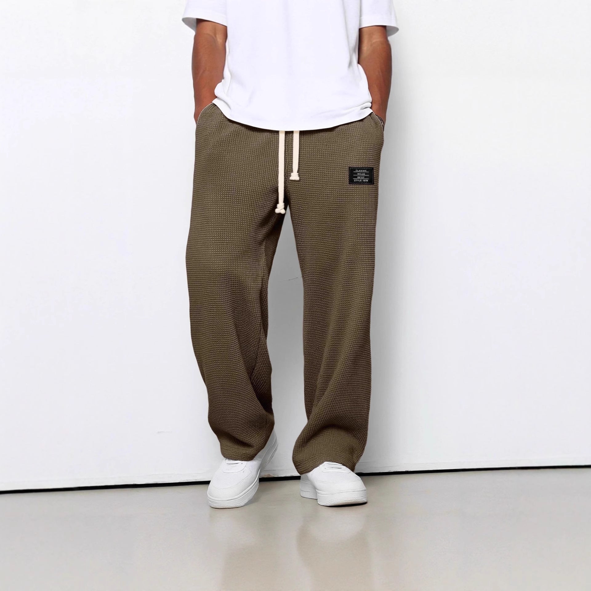 Men's Waffle Straight Leg Pants | Loose Drawstring Pocket Casual Trousers