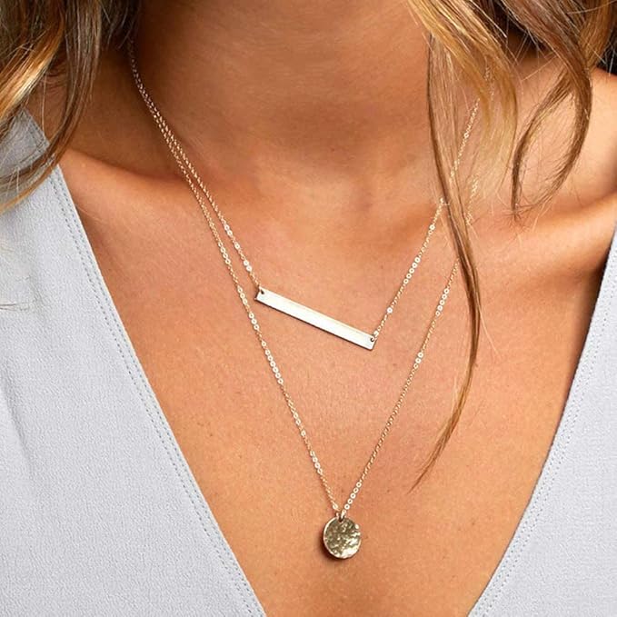Dainty Layered Choker Necklace | 14K Gold Plated Y Pendant Multilayer Bar Disc Adjustable