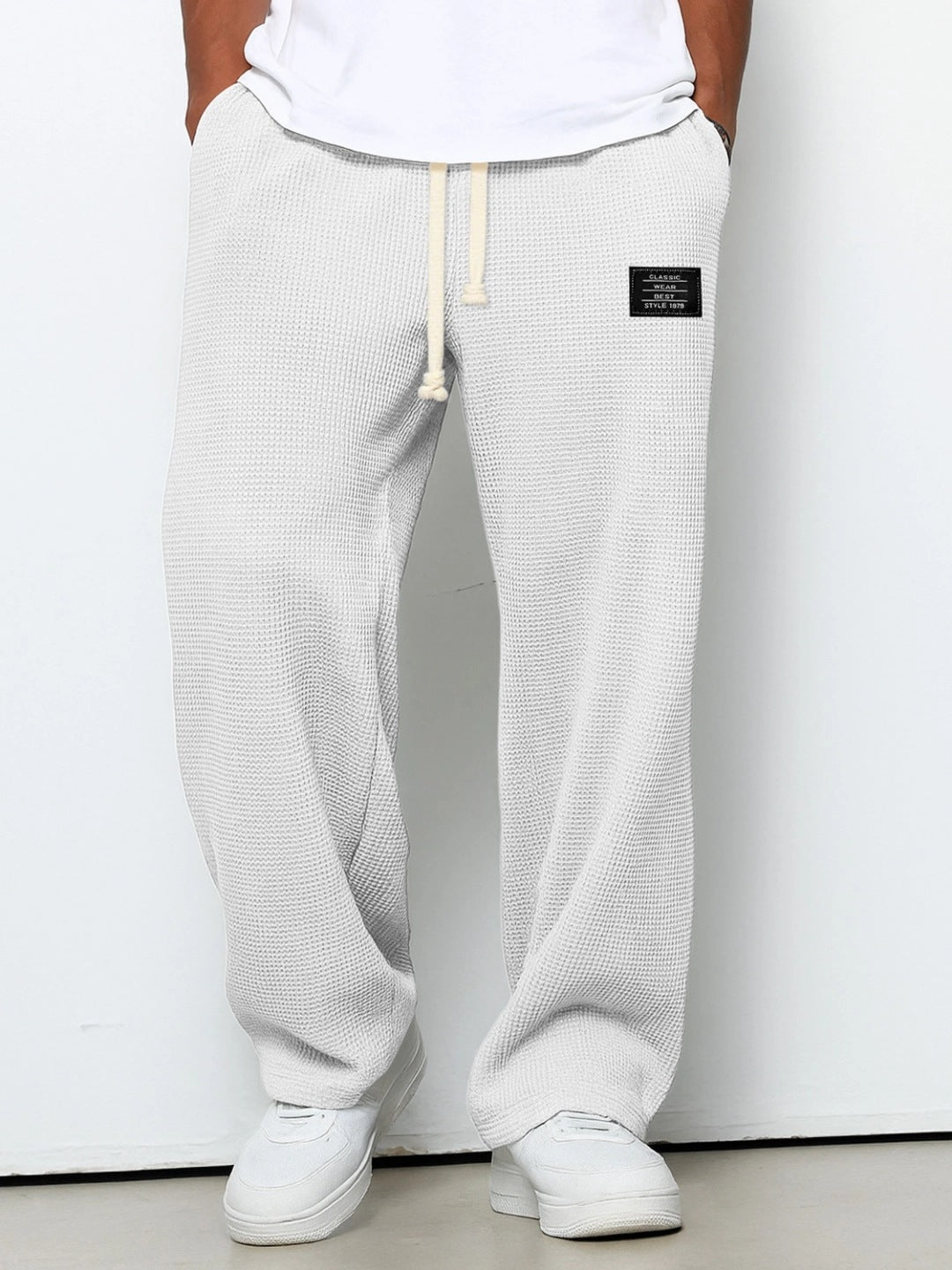 Men's Waffle Straight Leg Pants | Loose Drawstring Pocket Casual Trousers White 0 3a192047-0514-446e-9997-a2e7cad22d89 FIOLKA BOUTIQUE