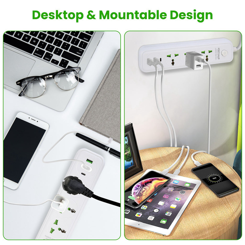 1Pc Power Strip With 6FT Extension Cord 3 AC Outlets And 2 USB A Ports 1 USB C Port 2500W Wall Mount Outlet Extender For Home Office Dorm Travel