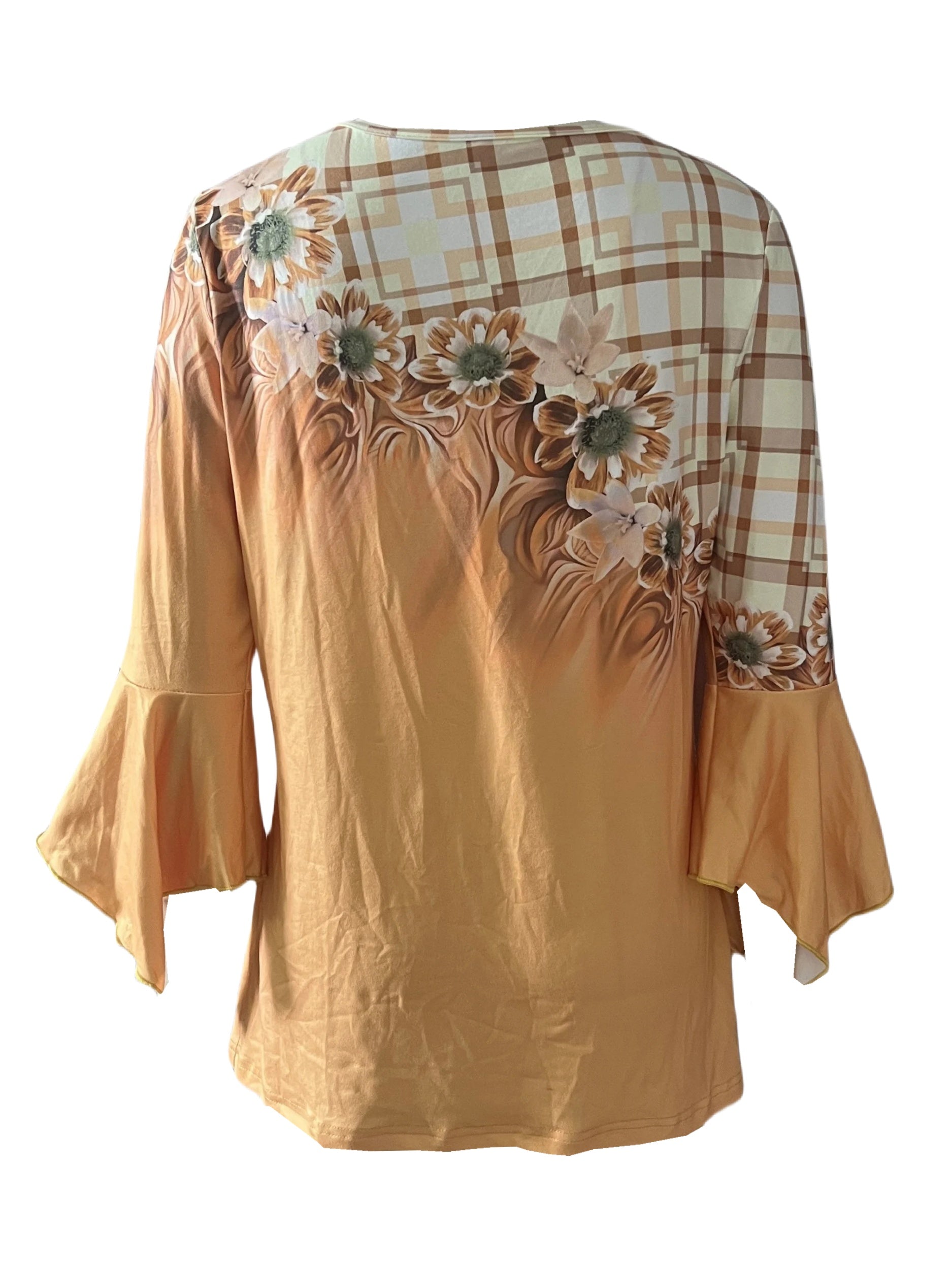 Spring And Autumn New Printed Spike Button Irregular Three-quarter Sleeve T-shirt Casual Top Yellow