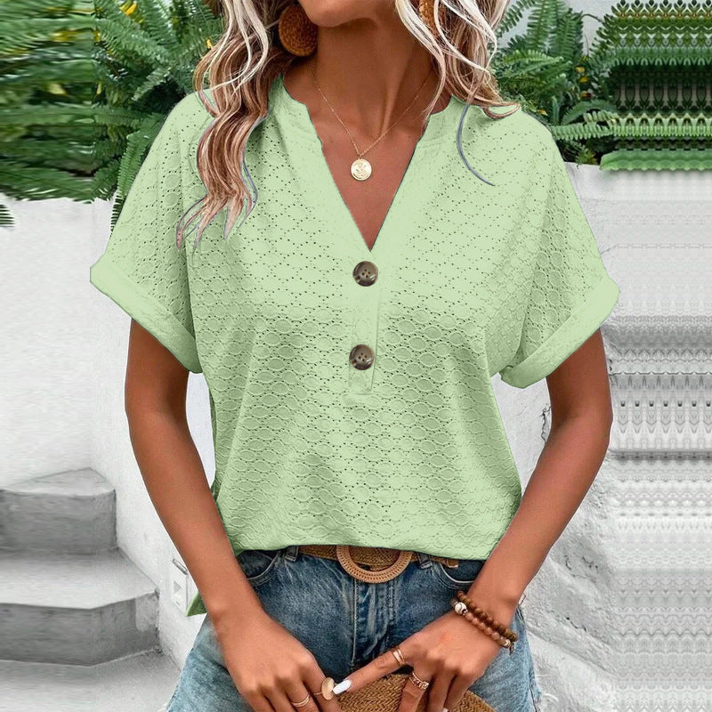 Women's Casual V-Neck Blouse | Short Sleeve Loose Fit Button Front Solid Color Top Light Green 5 3ce5b3b5-a008-41ee-bb77-ce5021a3b81c FIOLKA BOUTIQUE