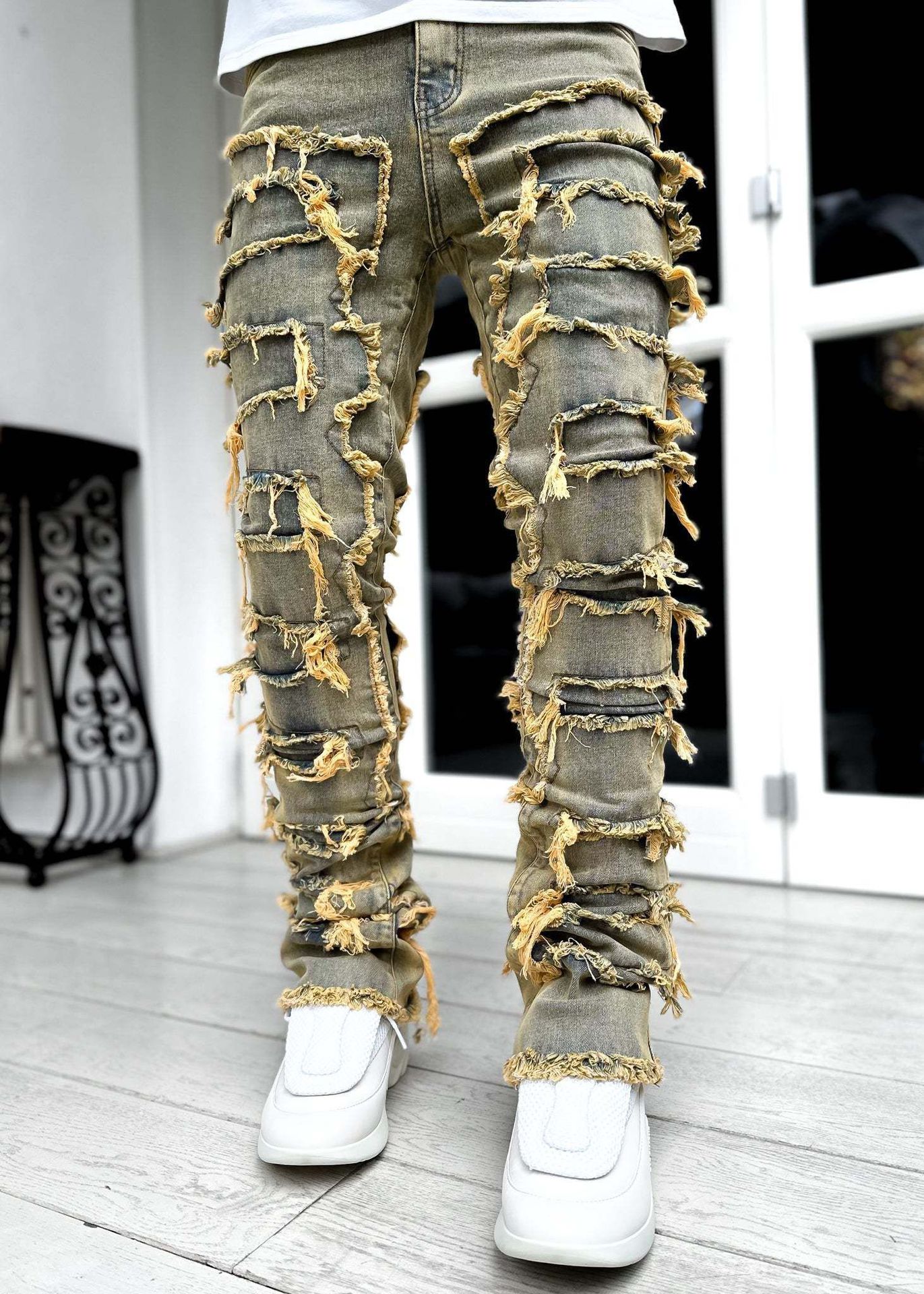 Men's Fringe Ripped Stacked Jeans | Patched Tight Fit Long Denim Pants Vintage blue 4 3d730d6a-83d8-47e3-8c52-d4f22831decb FIOLKA BOUTIQUE