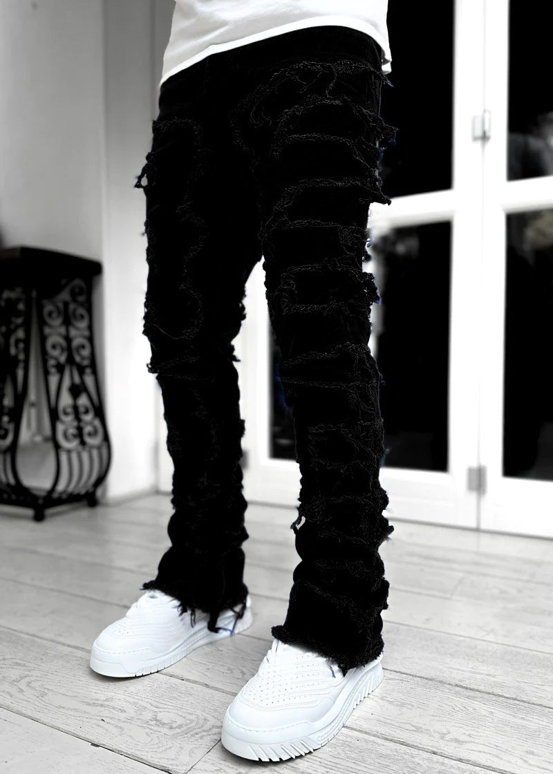 Men's Fringe Ripped Stacked Jeans | Patched Tight Fit Long Denim Pants Black 4 42faf0b2-66a4-48c5-9b45-960e80f10840 FIOLKA BOUTIQUE