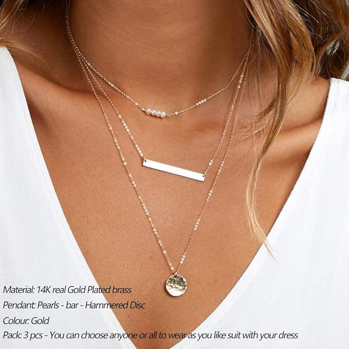 Dainty Layered Choker Necklace | 14K Gold Plated Y Pendant Multilayer Bar Disc Adjustable