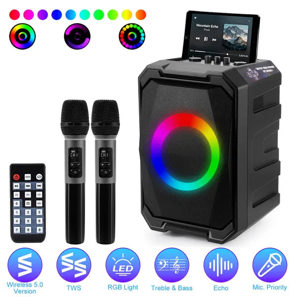Portable Wireless Party Speaker With LED Light 2 Wireless Mics Remote Control TWS Music Accompany Mic. Priority Bass Echo Mic Treble Guitar In