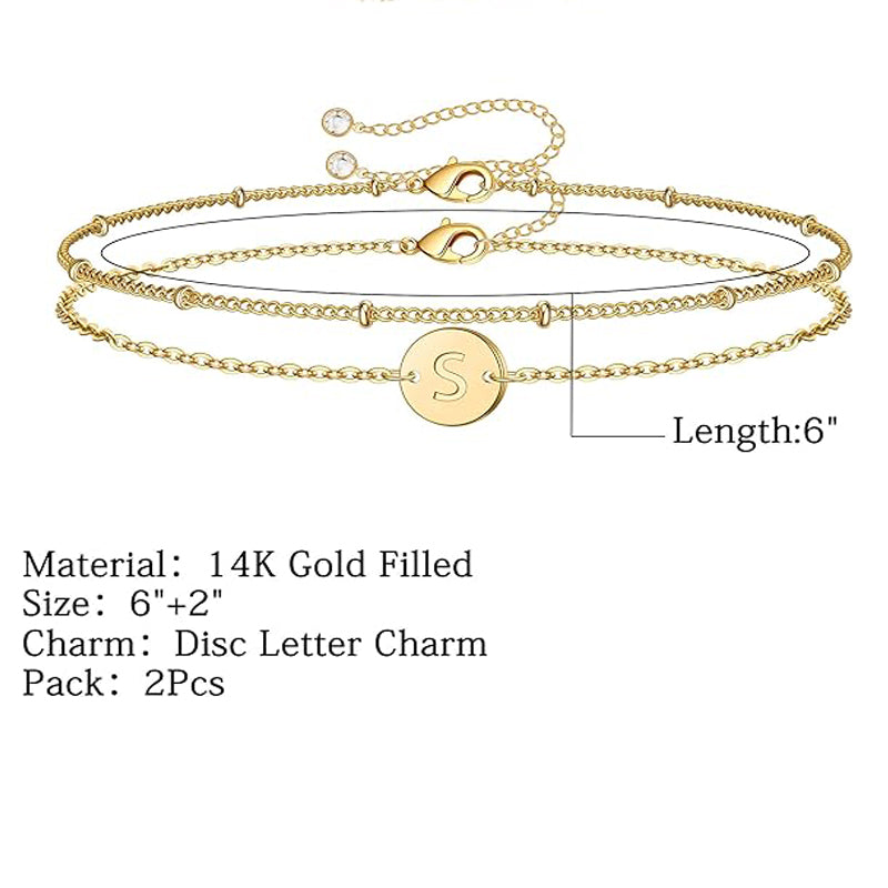 Dainty 14K Gold Filled Adjustable Layered Bracelet | Cute Oval Chain Bar Women's Jewelry
