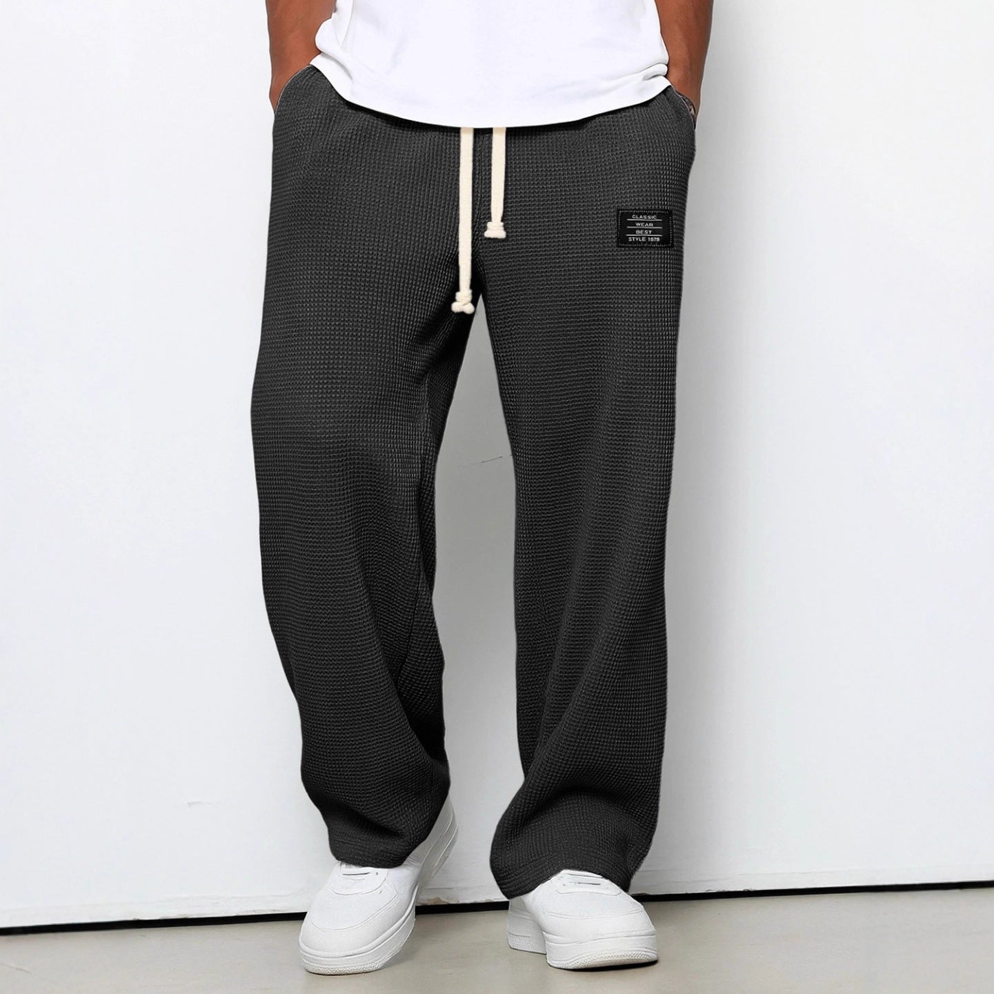 Men's Waffle Straight Leg Pants | Loose Drawstring Pocket Casual Trousers Black 0 46317f33-86ad-4e94-95d6-6b9a736e3aaf FIOLKA BOUTIQUE