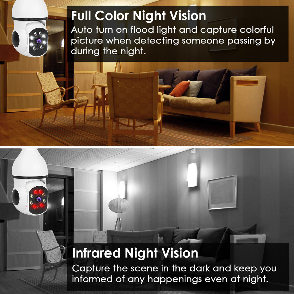 E27 WiFi Bulb Security Camera 1080P FHD | Pan Tilt Night Vision Two-Way Audio Motion Tracking