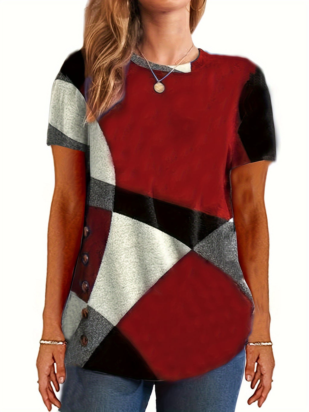 Women's Plus Size Color Block T-Shirt | Casual Short Sleeve Round Neck Stretchy Tee