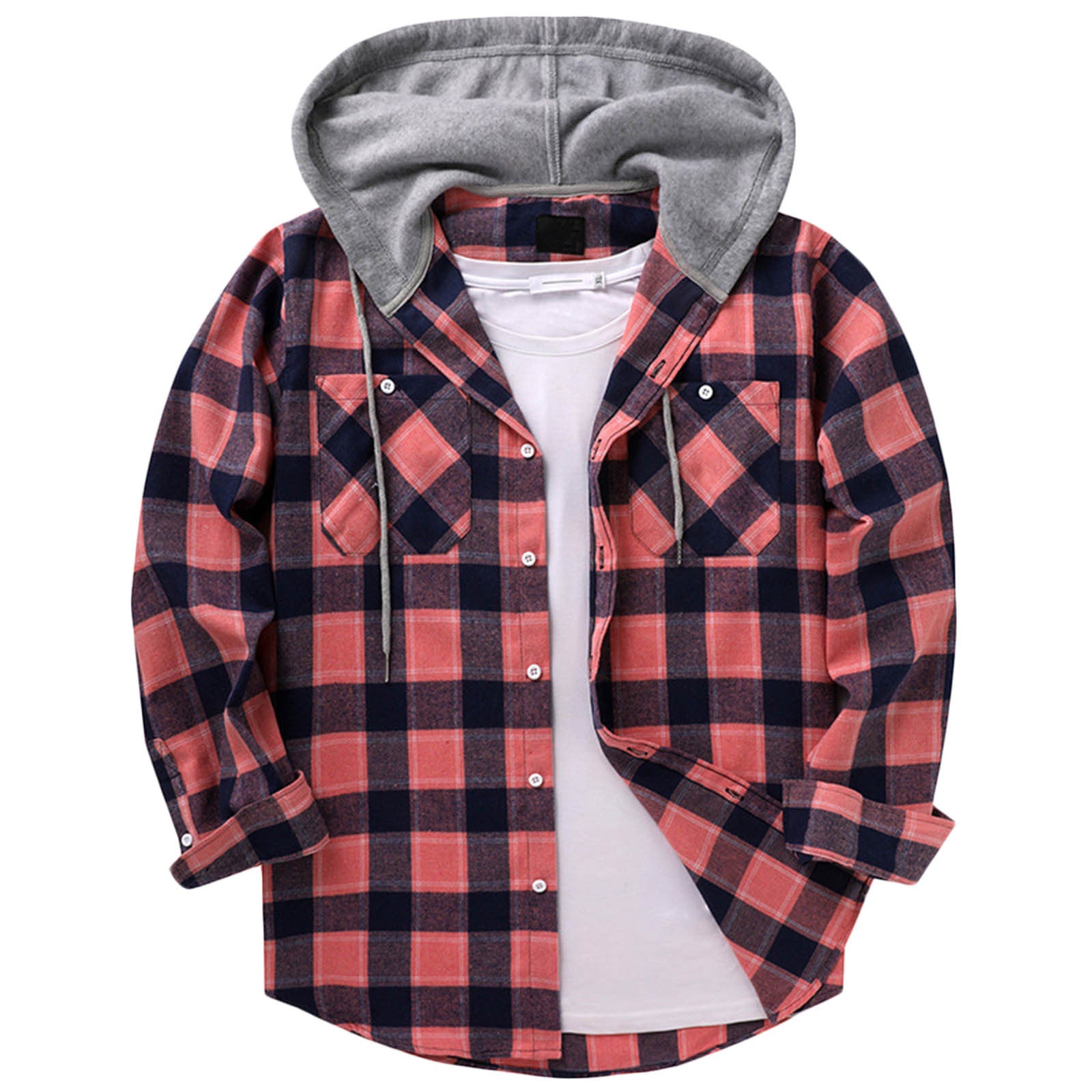 Men's Hooded Plaid Shirt | Casual Long Sleeve Flannel Top Double Pocket Red 0 4e15302e-63b4-44cb-a204-135b358700b5 FIOLKA BOUTIQUE