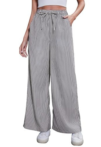 Women's Comfortable Elastic Waist Pinstripe Casual Loose Trousers