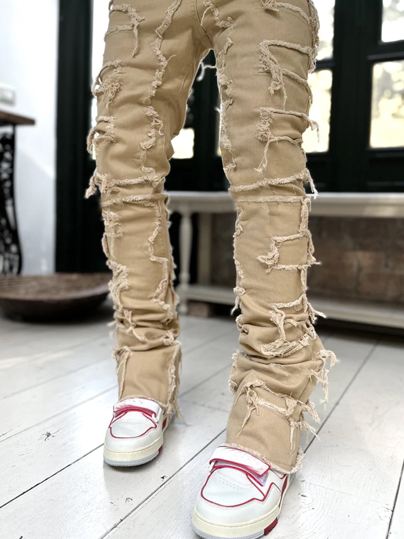 Men's Fringe Ripped Stacked Jeans | Patched Tight Fit Long Denim Pants Dark Khaki 4 4f19eb12-5b9d-49dc-a464-c72a17420fe6 FIOLKA BOUTIQUE