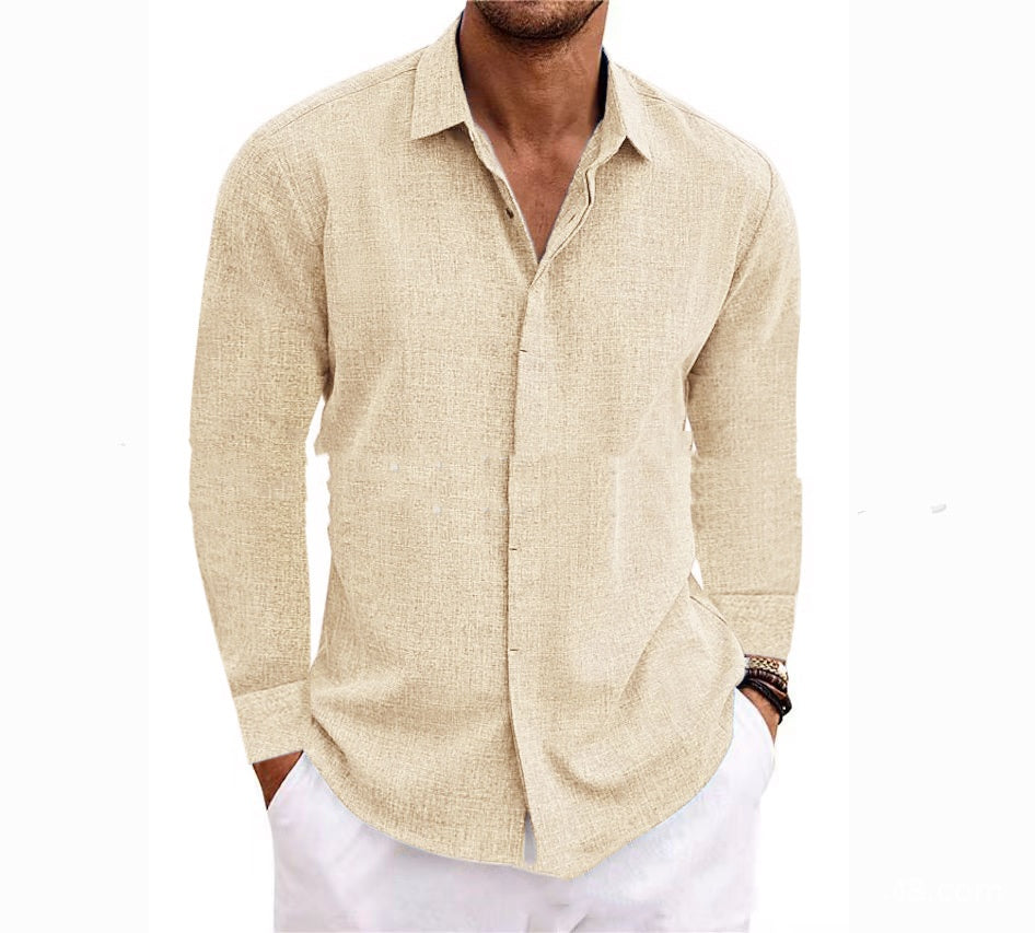 Men's Long Sleeve Cotton Linen Shirt | Solid Color Undershirt & Everyday Top Khaki 0 507c028d-5f77-441a-a676-846610689941 FIOLKA BOUTIQUE