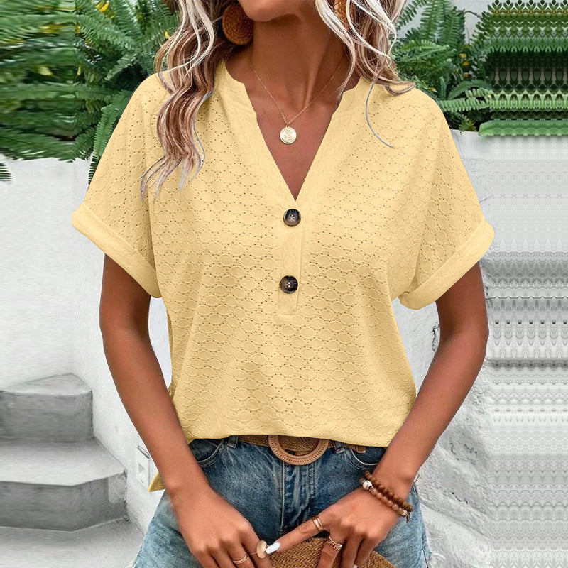 Women's Casual V-Neck Blouse | Short Sleeve Loose Fit Button Front Solid Color Top Yellow S 5 51e09dc2-7033-4ba1-8ea2-2d47c787d1dd FIOLKA BOUTIQUE