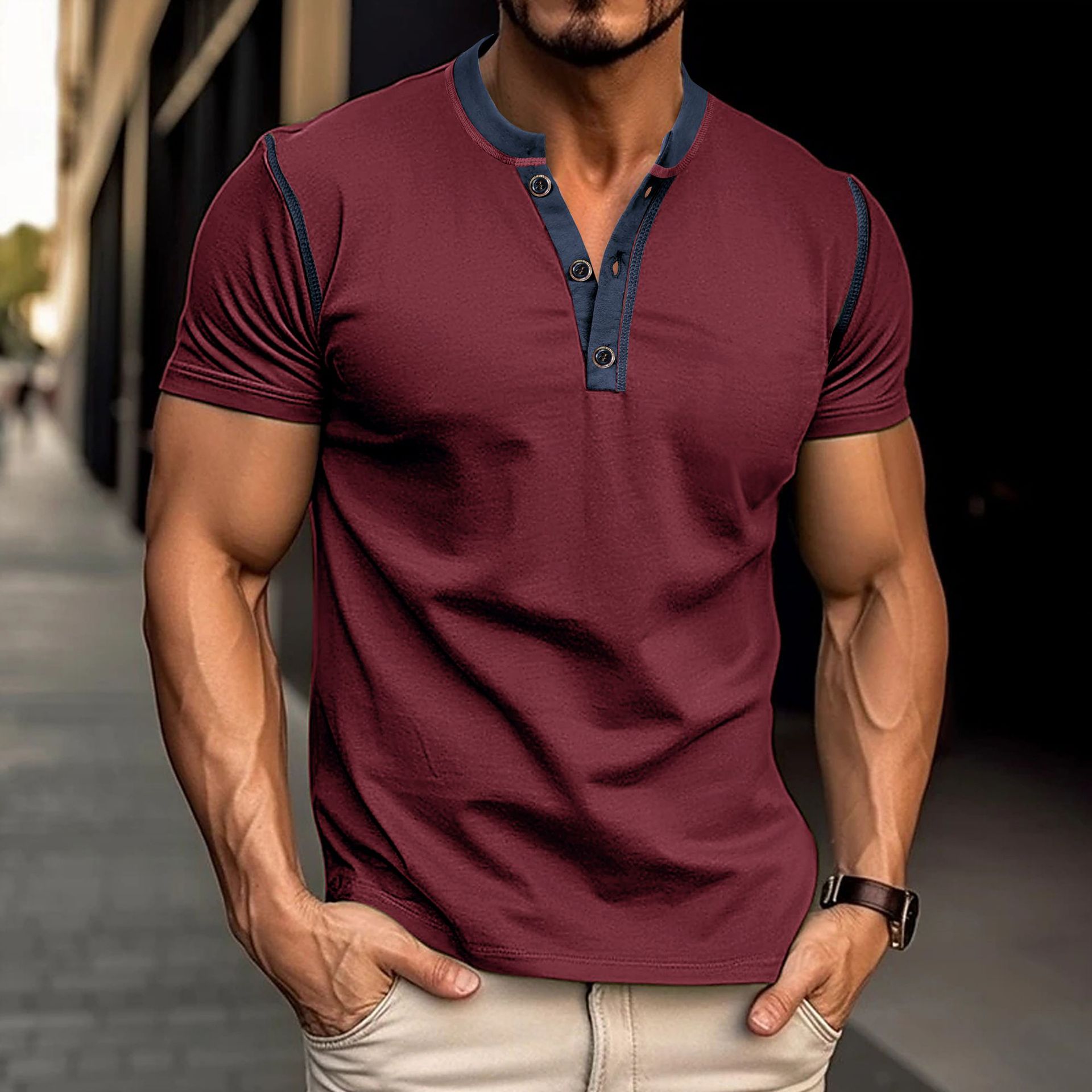 Men's Fashion Short Sleeve Polo Shirt | Summer Button V-Neck T-Shirt Top Wine Red 4 550462ae-26a7-4f0b-86dd-1d94969ca0a0 FIOLKA BOUTIQUE