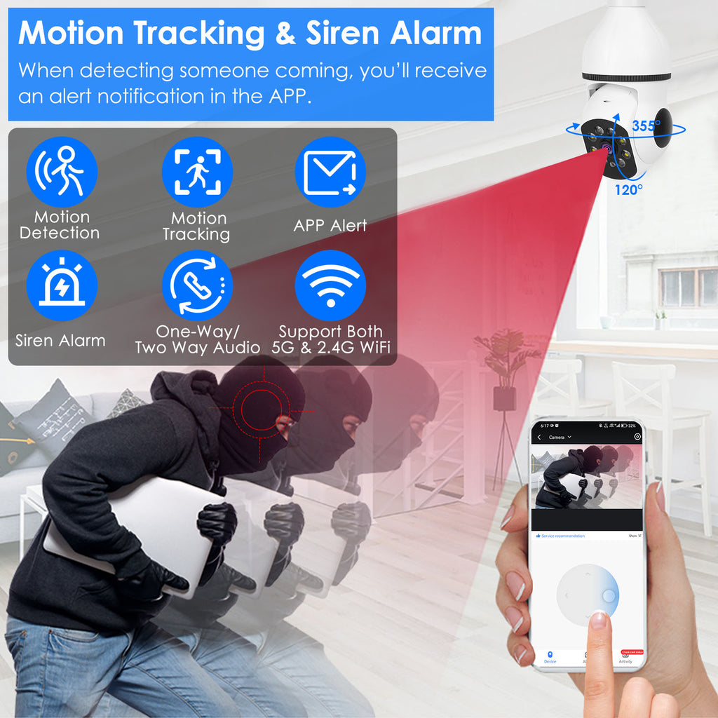 E27 WiFi Bulb Security Camera 1080P FHD | Pan Tilt Night Vision Two-Way Audio Motion Tracking